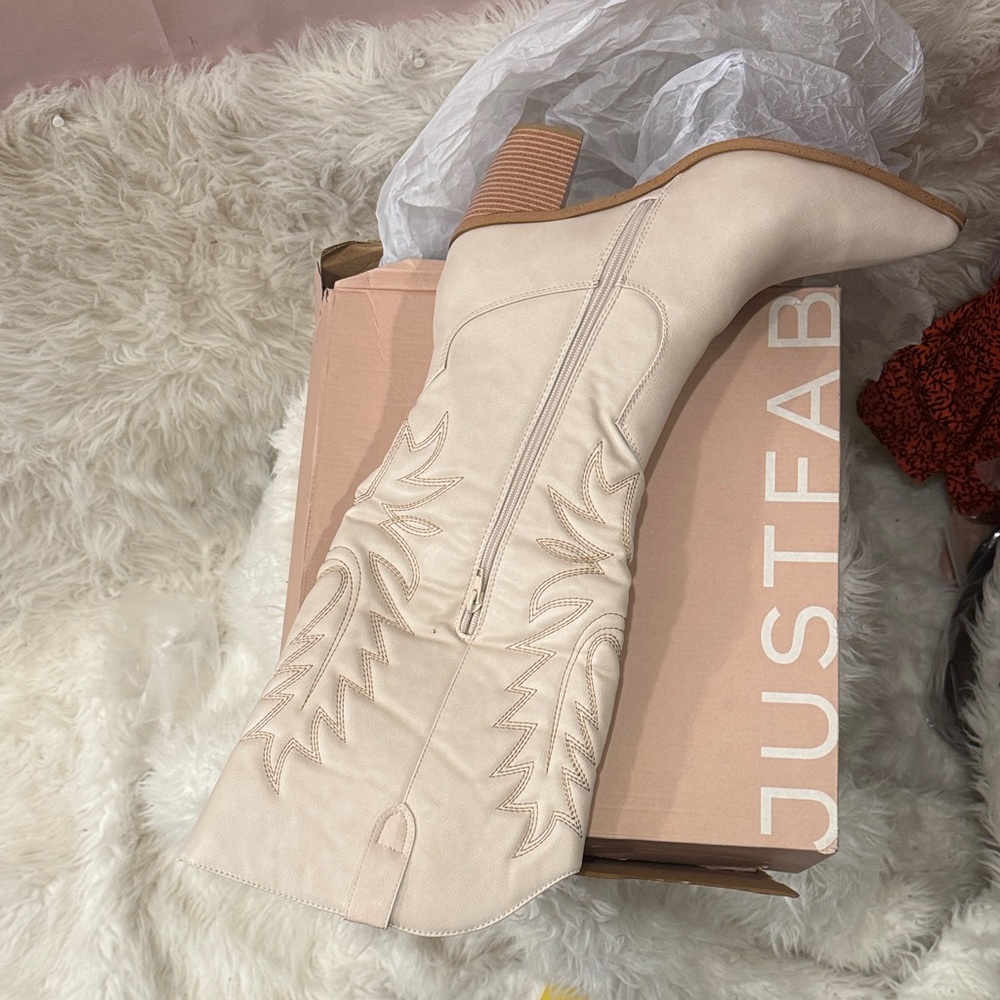 JustFab Beige Embroidered Heeled Boots